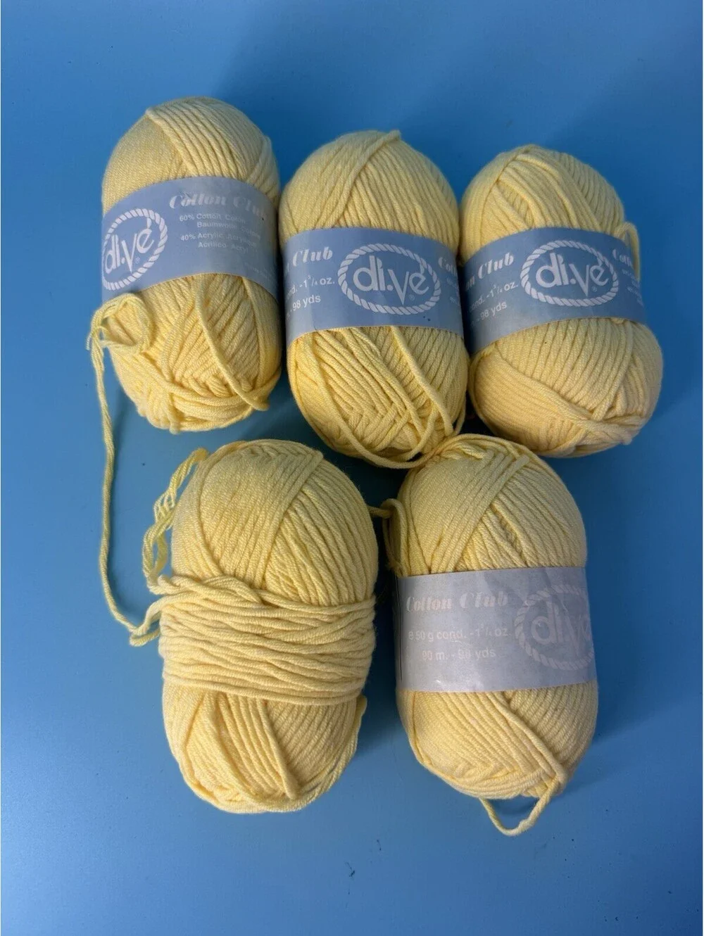 Lot 5 di.Ve Cotton Club Yarn Yellow 60% Cotton 40% Acrylic Color 15052 Lot 4456